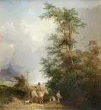 Landscape with a man on horseback and two boys fishing in a stream by Henry John Boddington, Oil on panel, sold Aug 2021