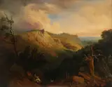 Extensive hilly landscape with an artist sketching and his dog by Lancelot Elford Reed, Oil on canvas, sold Aug 2021