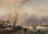 Dutch winter landscape with figures on a frozen river Signed J J by Jan Jacob Spohler, Oil on canvas, sold Aug 2021