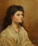 Portrait of a young lady wearing a white blouse Signed and dated M by M. Nicholson, Oil on canvas, sold Aug 2021