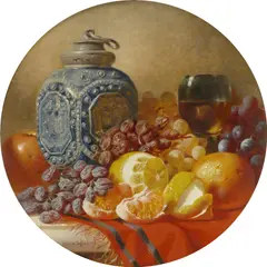Still life with fruit by William Duffield, Oil on canvas in a painted roundel, sold Aug 2021
