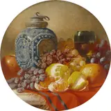 Still life with fruit by William Duffield, Oil on canvas in a painted roundel, sold Aug 2021