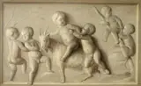 Trompe l'oeil bas-relief with putti at play with a goat Signed J DWit by Jacob de Wit, Oil on panel, en grisaille, sold Aug 2021