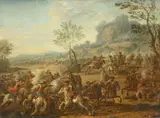 A cavalry skirmish with fallen horses by Karel Breydel, oil on panel, sold Aug 2021