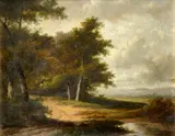 Wooded landscape with a path by a pond Signed JE Morel ft by Jan Evert Morel, Oil on panel, sold Aug 2021