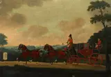 A mailcoach passing a milestone 84 miles from London Dated 1804 by John Cordrey, 1804, Oil on canvas, sold Aug 2021