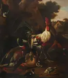 A cockerel by Gijsbert Gillisz. de Hondecoeter, Oil on canvas, offered Aug 2021