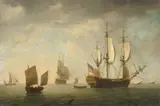 Morning - A two-decker before a light breeze with a lugger under by Charles Brooking, oil on canvas, sold Aug 2021