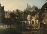 View of a riverside town by Pierre Tetar van Elven, Oil on canvas, offered Aug 2021