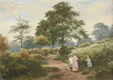 Landscape with figures on a path Signed J Godet by Julius Godet, Oil on board, sold Aug 2021