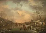 Dutch winter landscape with skaters and other figures on a by Andries Vermeulen, Oil on canvas, sold Aug 2021