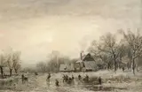 Winter landscape with skaters on a frozen pond Signed by Adolf Stademann, Oil on panel, sold Aug 2021