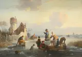 Winter landscape with figures on a frozen river Oil by Jean Michiel Ruyten, Oil on panel, sold Aug 2021