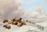 Sheep in a winter landscape Signed and dated T by Thomas Sidney Cooper, Oil on canvas, sold Aug 2021