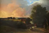 Landscape with a gypsy encampment at dusk by John Frederick Tennant, oil on panel, offered Aug 2021