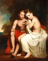 Two figures in a classical landscape cradling a dove by English School, circa 1830, oil on canvas, sold Dec 2014