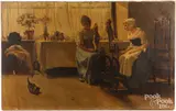 interior of two women and spinning wheels by Ethelwyn Upton, oil on canvas, sold Aug 2023