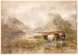 landscape with highland cattle by Hugo Anton Fisher, watercolor and gouache, sold Aug 2023