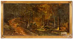 of an artist painting in a wooded landscape by Christopher Shearer, oil on canvas, sold Aug 2023