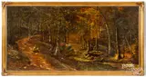 of an artist painting in a wooded landscape by Christopher Shearer, oil on canvas, sold Aug 2023