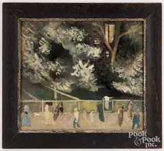 figures along a walkway by Hubert Davis, oil on canvas, sold Aug 2023