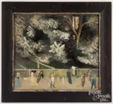 figures along a walkway by Hubert Davis, oil on canvas, sold Aug 2023