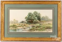 landscape with figures and sheep by Carl Weber, watercolor, sold May 2023