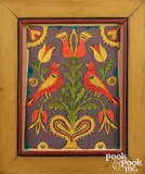 and cutwork of birds sitting in a tulip tree on a black ground by David Y. Ellinger, watercolor, sold May 2023