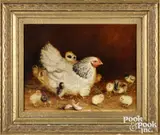 of a white hen and fourteen chicks by Ben Austrian, oil on canvas, sold May 2023