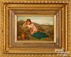 of a young girl in a pastoral landscape by John O. Banks, oil on canvas, sold May 2023