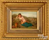 of a young girl in a pastoral landscape by John O. Banks, oil on canvas, sold May 2023