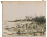 PAINTING OF A SHORESCAPE by Robert Maphis Wick, pastel on linen/fabric nailed to plywood board, sold Sep 2024