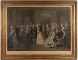 Titled , FRANKLIN AT THE COURT OF FRANCE by American Historical Print, 1778, hand-colored engraving on paper, sold Sep 2024