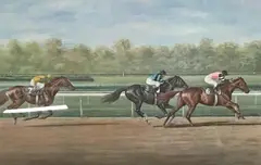 Affirmed defeating The 1979 Classic Winners, The Jockey Club Gold Cup, Belmont Park, New York, October 6th by Richard Stone Reeves, Lithograph, sold Apr 2020