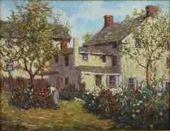 Flower Garden in Carversville by Laurence A. Campbell, Oil on canvas, sold Aug 2020