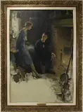 By the Fireside by Walter G. Ratterman, Oil on canvas, sold Aug 2020