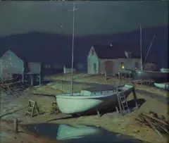 Fishing Village by Moonlight by George Sotter, Oil on board, sold Aug 2020