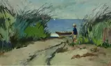 Young Fisherman by Albert Serwazi, Oil on canvas, sold Aug 2020