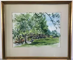 Monocacy Creek Stone Arched Bridge - Historic Bethlehem by Fred Bees, Watercolor, sold Nov 2020