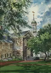 Old Moravian Chapel and Central Church Belfry - Bethlehem, PA by Fred Bees, Watercolor, sold Nov 2020