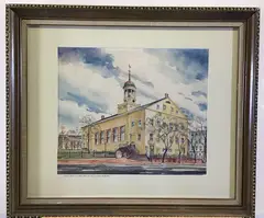 Central Moravian Church (1957) with the Old Chapel in Main Hall by Fred Bees, Watercolor, sold Nov 2020