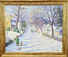 Snowy Day, Carversville, PA, Bucks County by Christopher Willett, Oil on board, sold Dec 2020