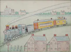 Reading Train... by John "Jack" Savitsky, Ink and crayon, sold Dec 2020