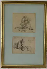 Boos et Ruth by Rembrandt Harmensz van Rijn, Etching (1) man and woman titled "Boos et Ruth" and etching (2) mother and child with a dog "Rembrandt 1636", sold Apr 2021