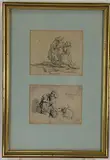 Boos et Ruth by Rembrandt Harmensz van Rijn, Etching (1) man and woman titled "Boos et Ruth" and etching (2) mother and child with a dog "Rembrandt 1636", sold Apr 2021