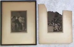 Los Caprichos by Francisco Goya, Etchings (2) include  a dark figural and one titled "Los Caprichos" (The sleep of reason produces monsters), sold Aug 2021