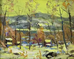 Overcast Delaware River by Christopher G. Willett, OIl on board, sold Oct 2021