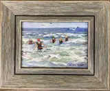 Surf's Up, Good Harbor Beach, Gloucester  Mass by Christopher G. Willett, Oil on board, sold Oct 2021