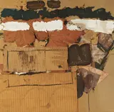 Autumn Scape by Jay Milder, 1961, collage, paint, cardboard and leaves on newspaper laid down to thick paper, sold Nov 2020