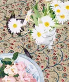 Daisies And Camellias On Indian Cloth by Cressida Campbell, 1997, unique colour woodblock print, sold Jul 2020